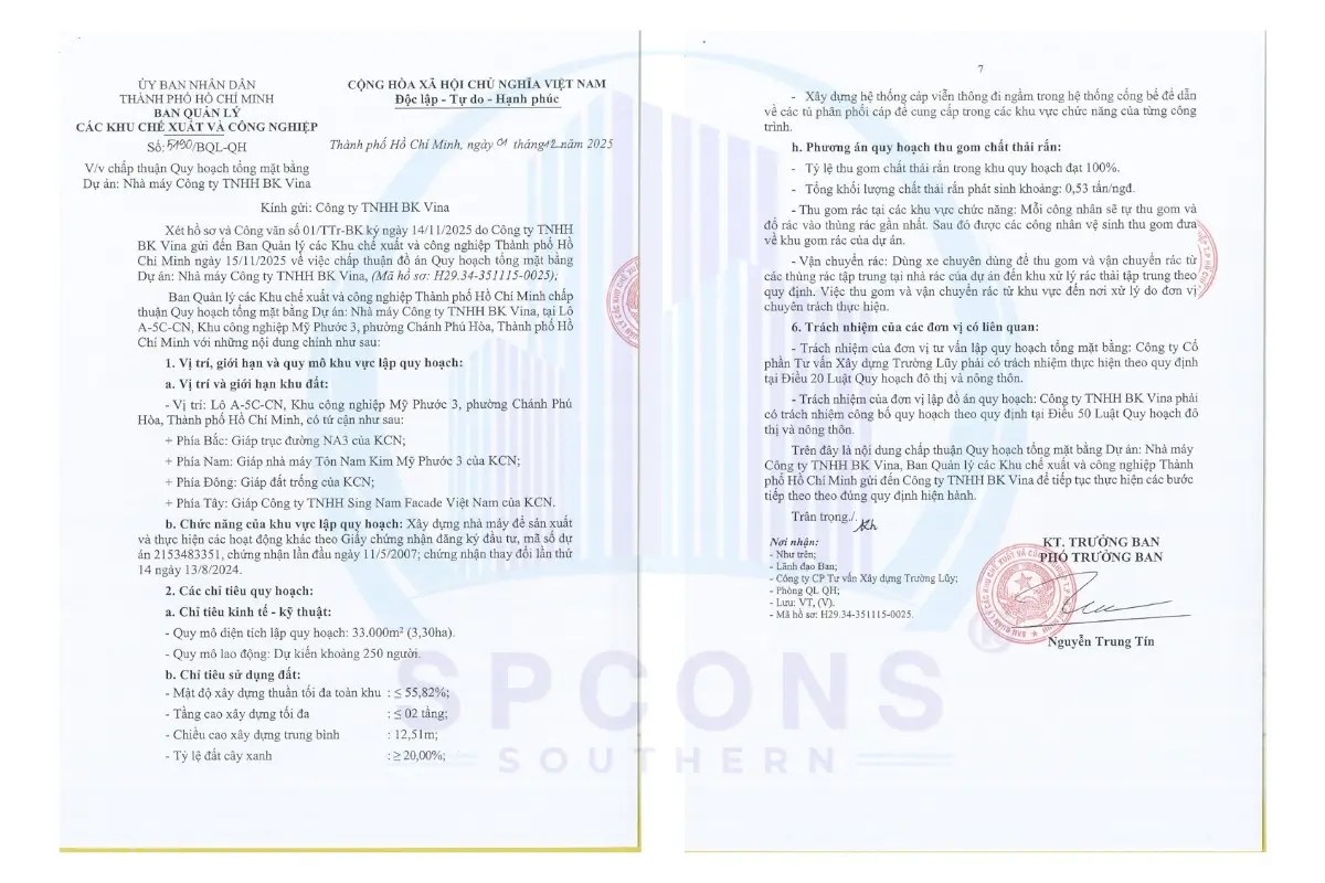 văn bản chấp thuận quy hoạch 1/500 nhà máy BK Vina