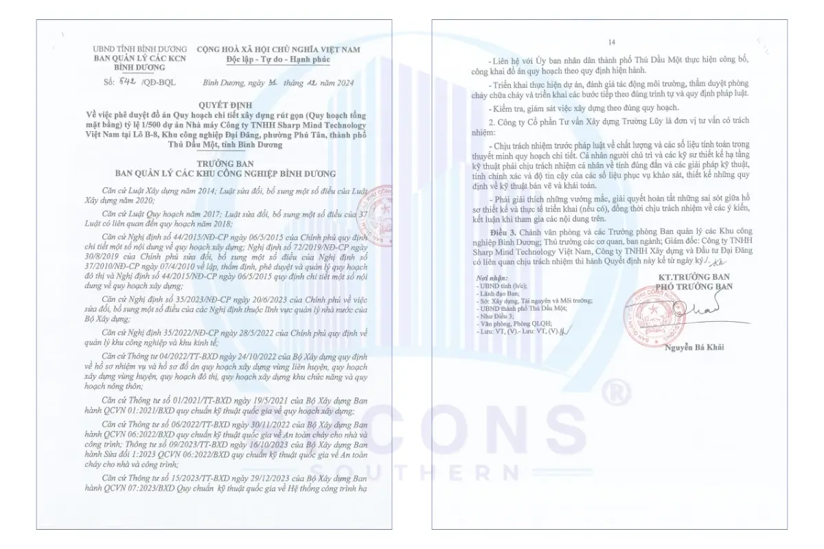 Văn bản chấp thuận quy hoạch 1/500 nhà máy Sharp Mind Technology
